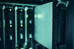Close-up of server racks in a data center highlighting modern technology infrastructure.