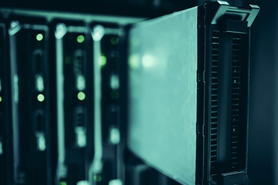 Close-up of server racks in a data center highlighting modern technology infrastructure.