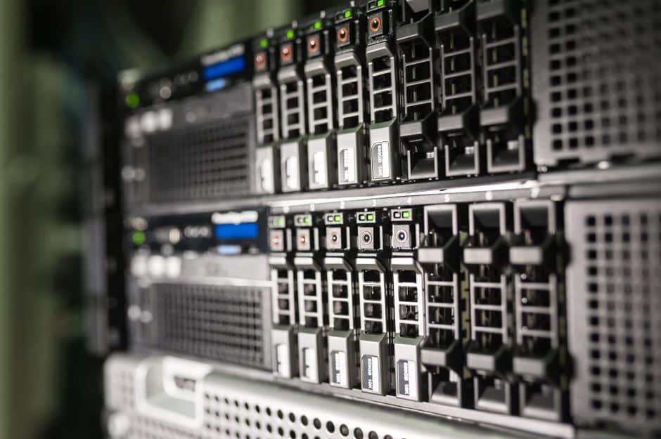 Close-up of server equipment in a modern data center highlighting technology infrastructure.